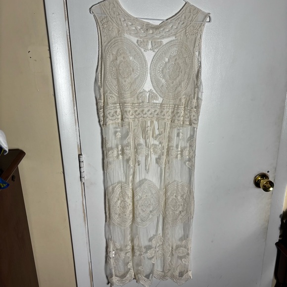 Rebellion cream embroidered mesh sleeveless tie front boho duster mermaidcore - Picture 4 of 10
